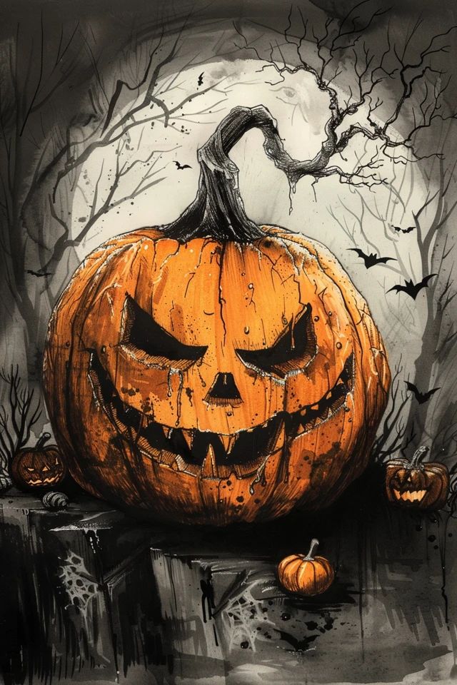 a painting of a jack o lantern pumpkin