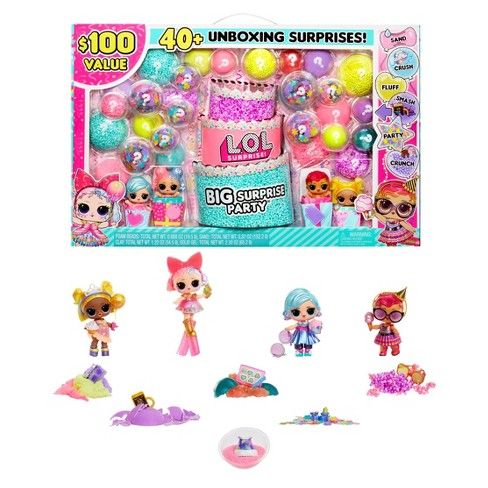 an assortment of toys including dolls, balloons and other items in a box on a white background