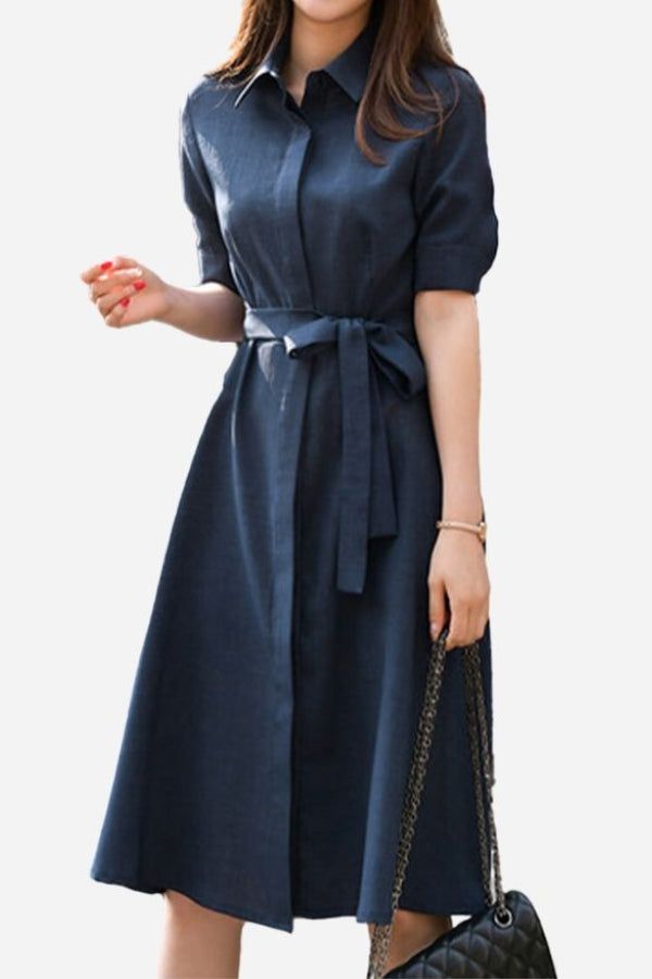 NLBEA5 Pretty Work Dress, Confident Fashion Style, Womens Spring Casual Outfits, Classy Winter Dresses, Petite Corporate Outfit, Diplomat Aesthetic Outfit, Button Down Shirt Over Dress, Trend Dresses 2024, Formal Collared Midi Dress With Tie Waist