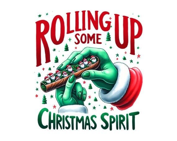 a hand holding a flute with the words rolling up some christmas spirit