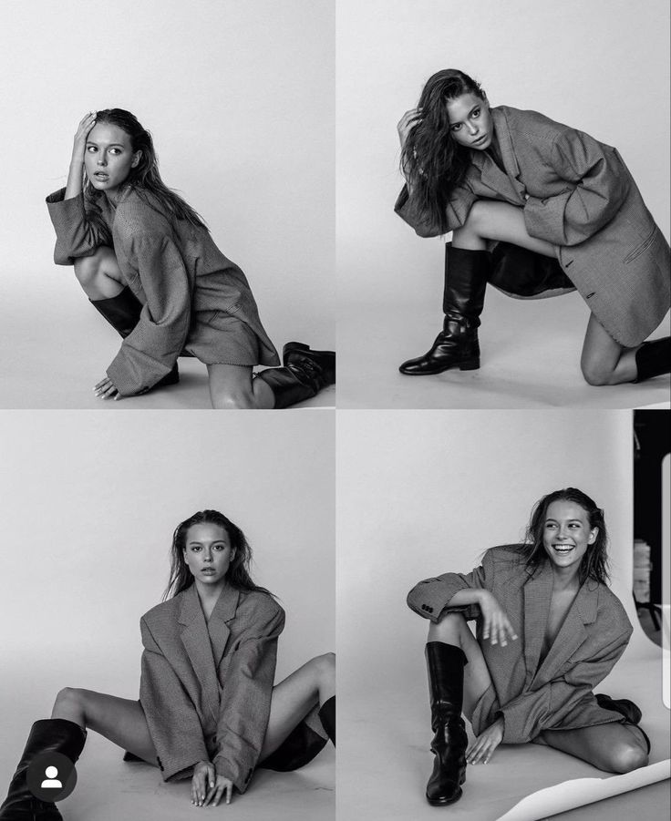 black and white photos of a woman in boots posing for the camera, sitting on the floor with her legs crossed