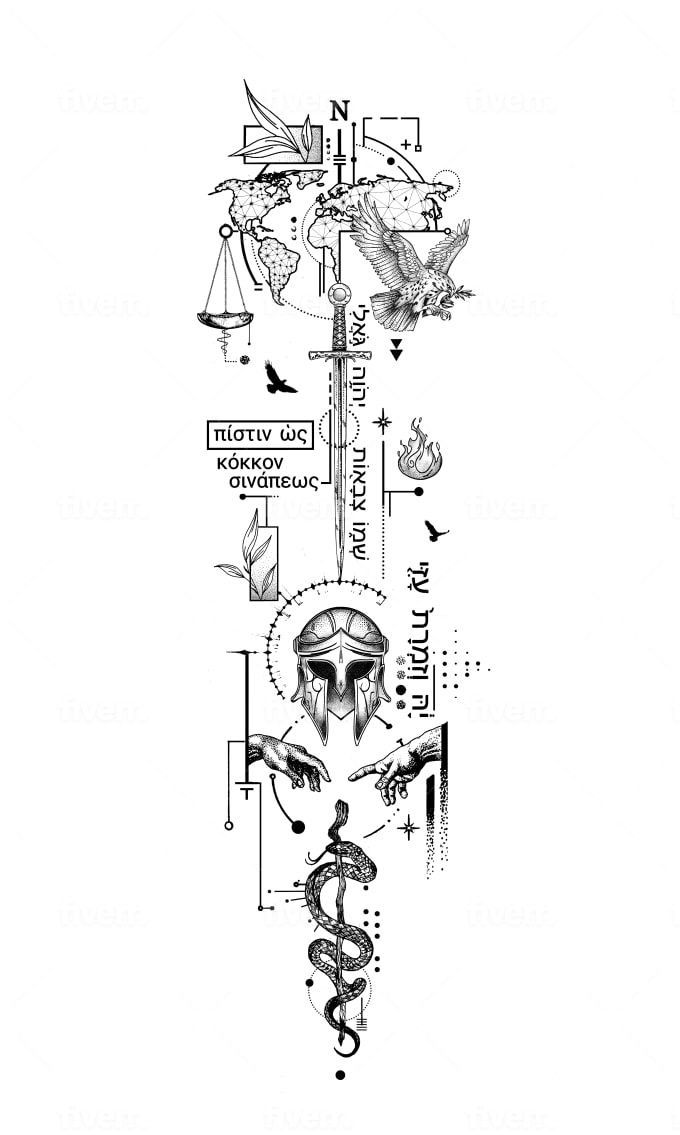 a line drawing with various medical symbols and words in black ink on white paper, as well as an image of a doctor's staff