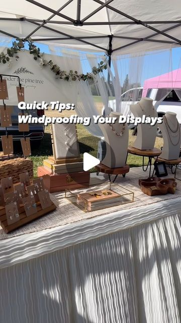 an outdoor event with tables and chairs covered in white tarp, text that reads quick tips windproofing your display