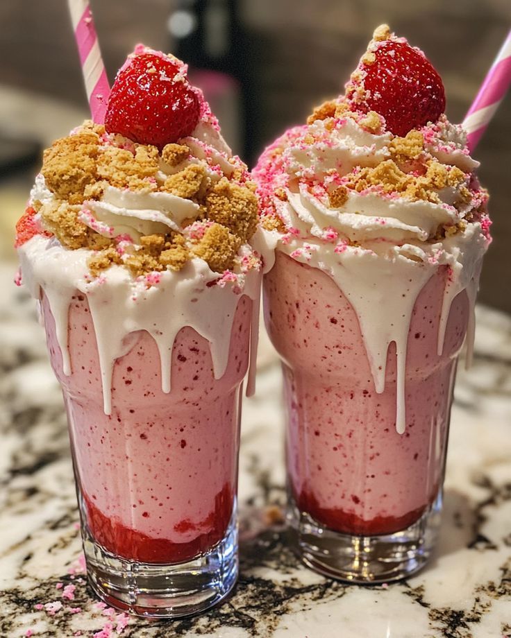 two glasses filled with ice cream and strawberries on top of a marble countertop