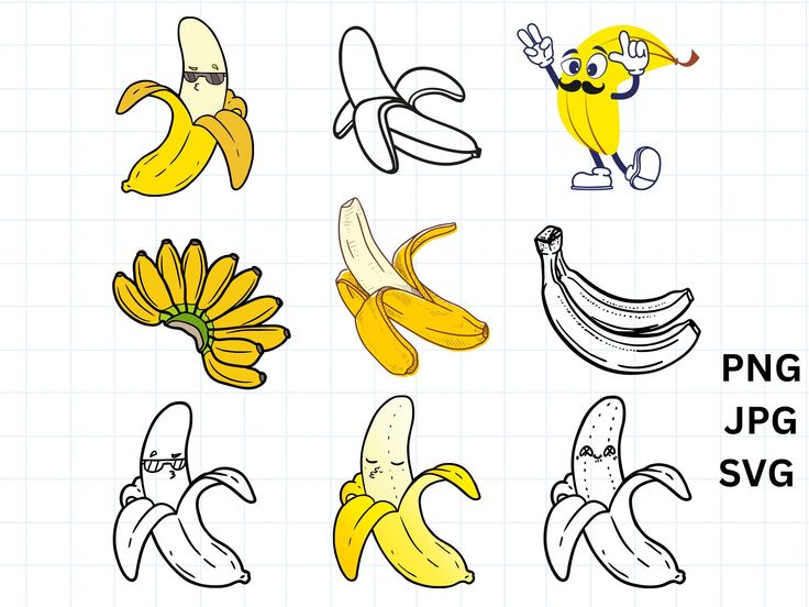 bananas and other fruit are drawn on a piece of graph paper with the words png, jpg, svg