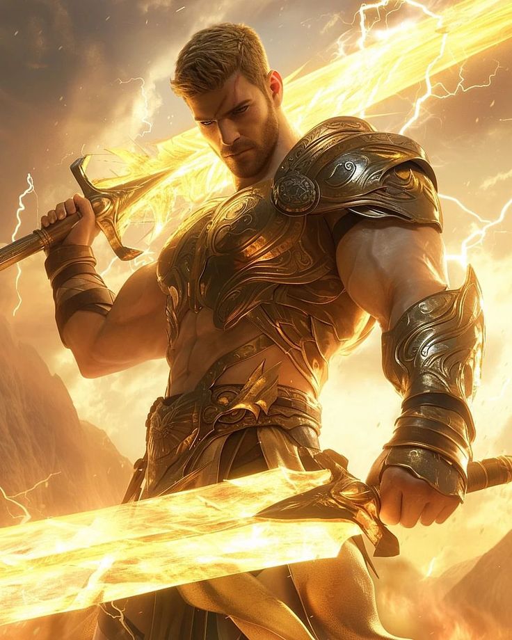 a man holding two swords in his hands and lightning behind him on a cloudy day