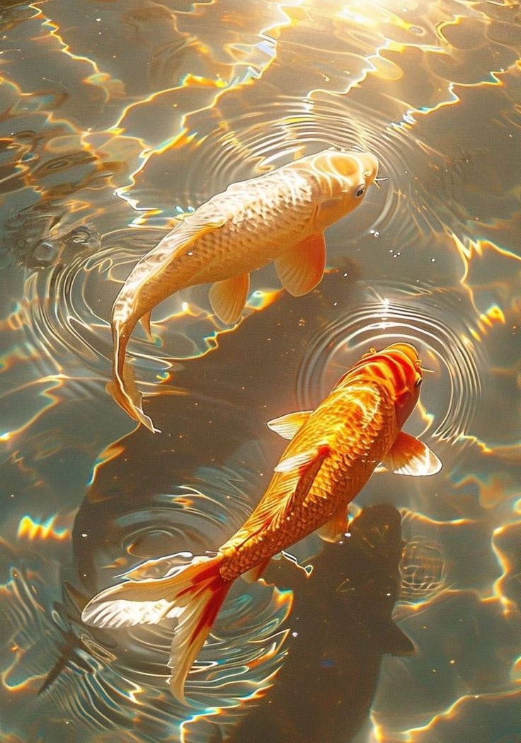 two orange and white koi fish swimming in clear blue water with ripples on the surface