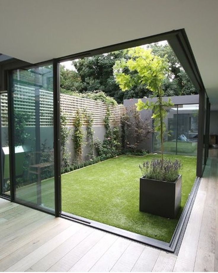 an open room with glass walls and grass in the center, leading to a small garden