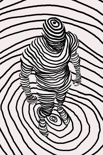 a black and white drawing of a person standing in front of a spiral background with lines