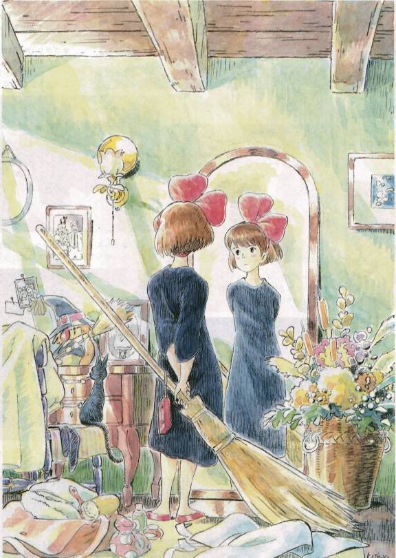 two women are standing in front of a mirror with a broom and flowers on the floor