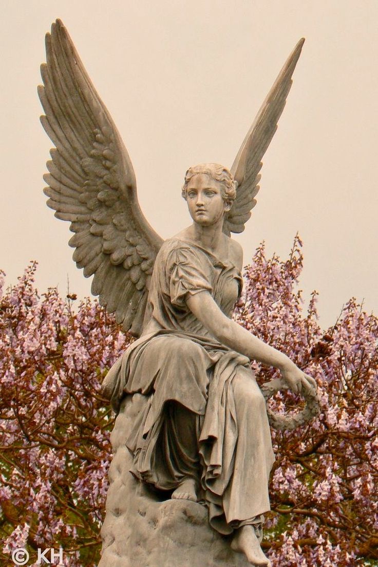 an angel statue sitting on top of a rock in front of a tree filled with pink flowers