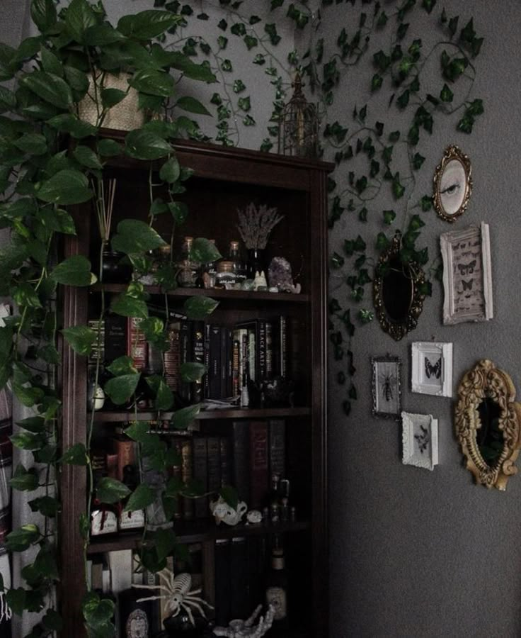 a living room filled with lots of green plants and pictures on the wall next to a bookshelf