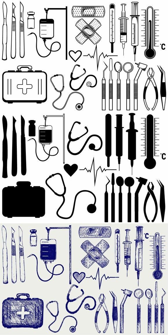 an assortment of medical instruments and tools are shown in black and white, as well as blue ink