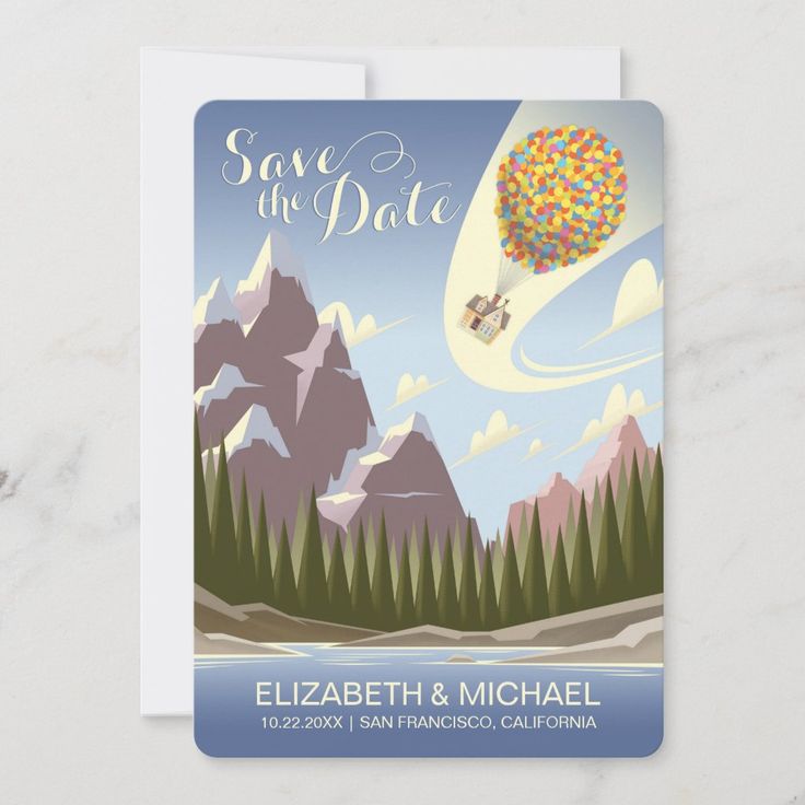 save the date card with an image of a hot air balloon flying in the sky