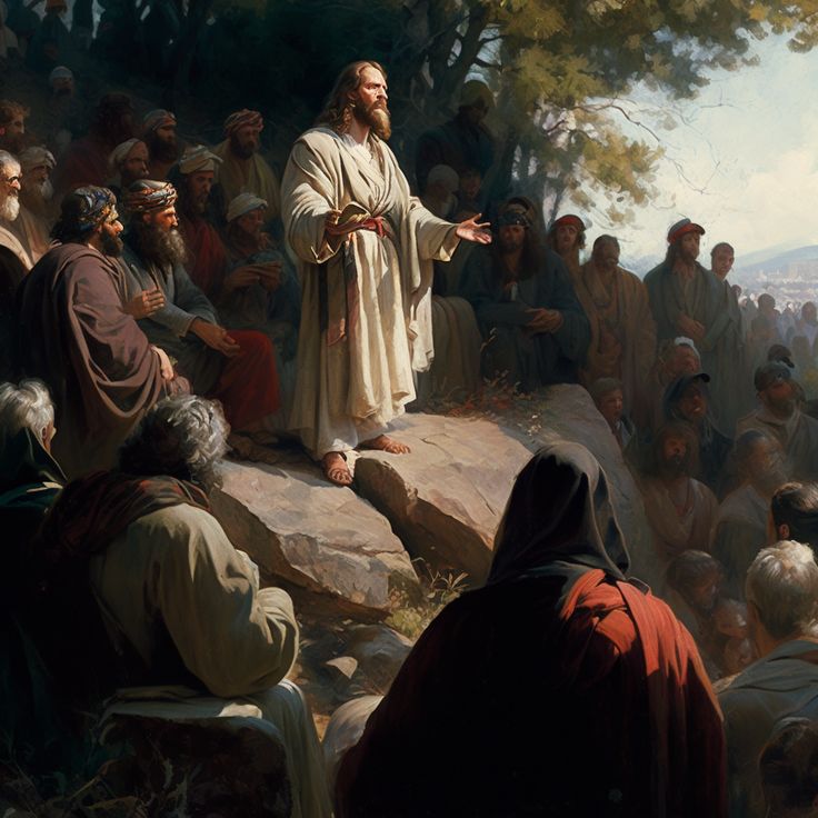 a painting of jesus standing in front of a group of people