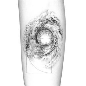 a black and white photo of a man's leg with an abstract design on it