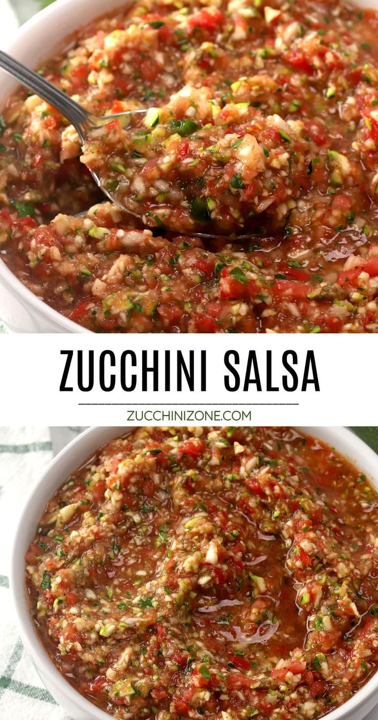 zucchini salsa in a white bowl with a spoon and the same side dish