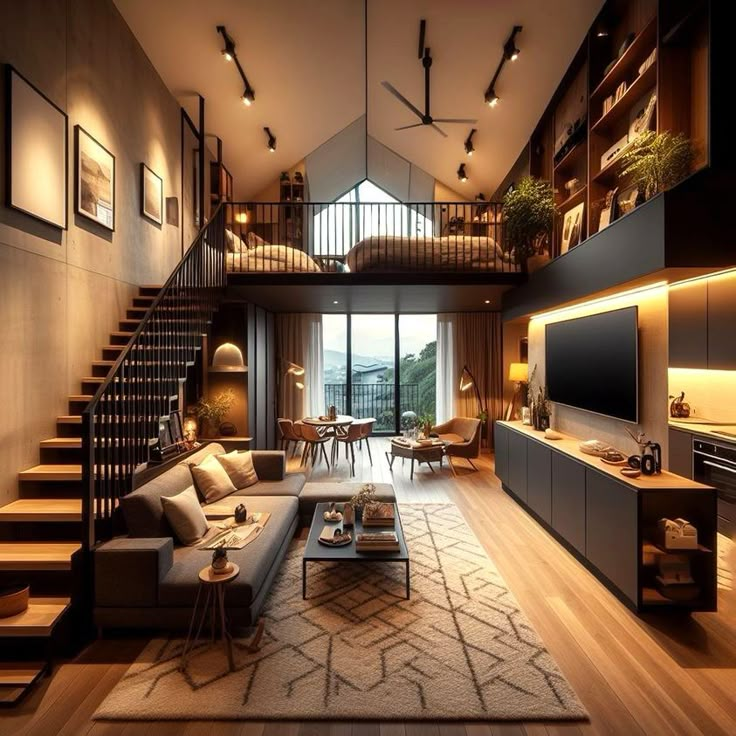 a living room filled with furniture next to a staircase