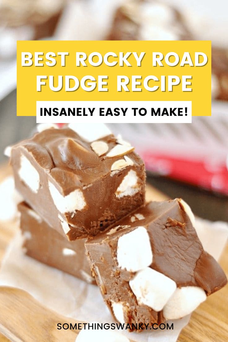 two pieces of rocky road fudge recipe on a cutting board with text overlay