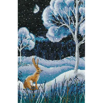 a cross stitched picture of a fox in the snow with trees and moon behind it