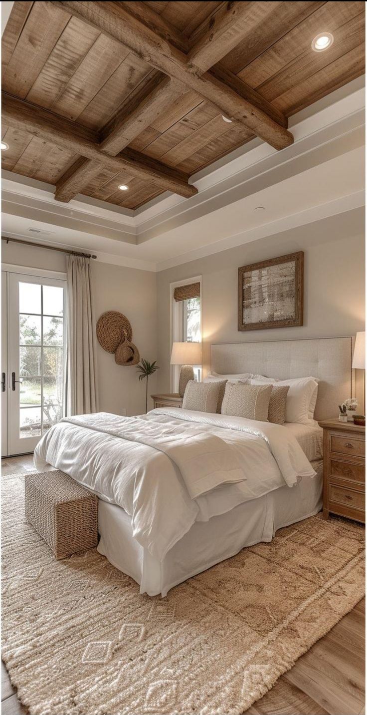 a large bed sitting under a wooden ceiling in a bedroom next to a window with french doors