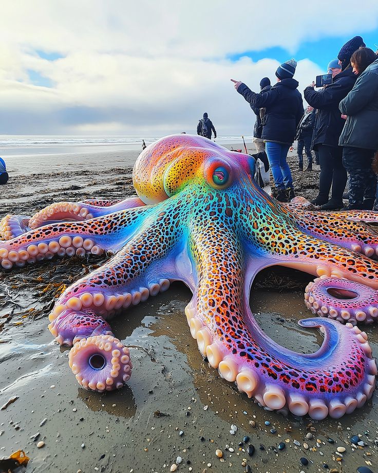 an octopus is laying on the beach with people around it