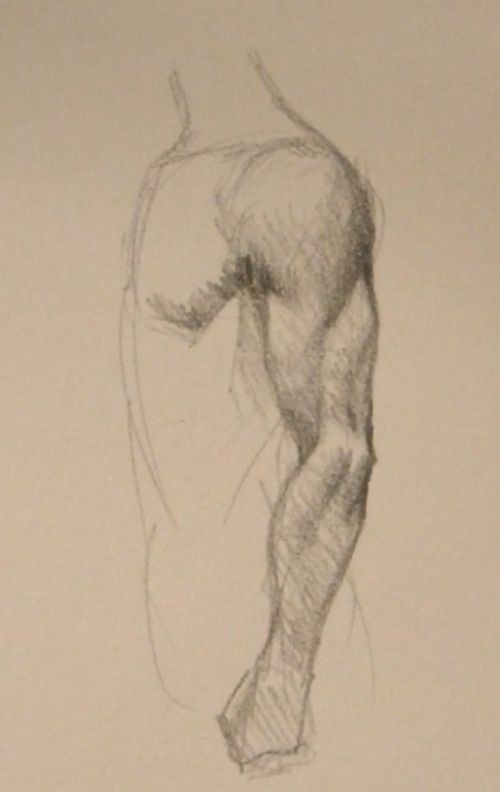 a pencil drawing of a man's legs and torso