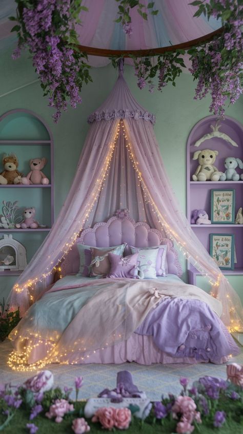 a canopy bed with pink and purple bedspread, teddy bears on the wall