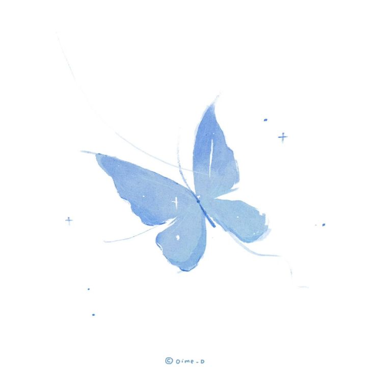 a blue butterfly flying in the sky with stars on it's back ground and white background