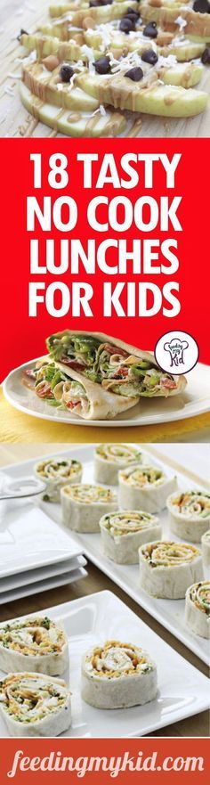 there are many different types of food on the table and in front of them is an advertisement for tasty no cook lunches for kids