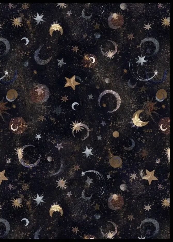 a black background with gold stars and crescents in the night sky, as well as other celestial objects