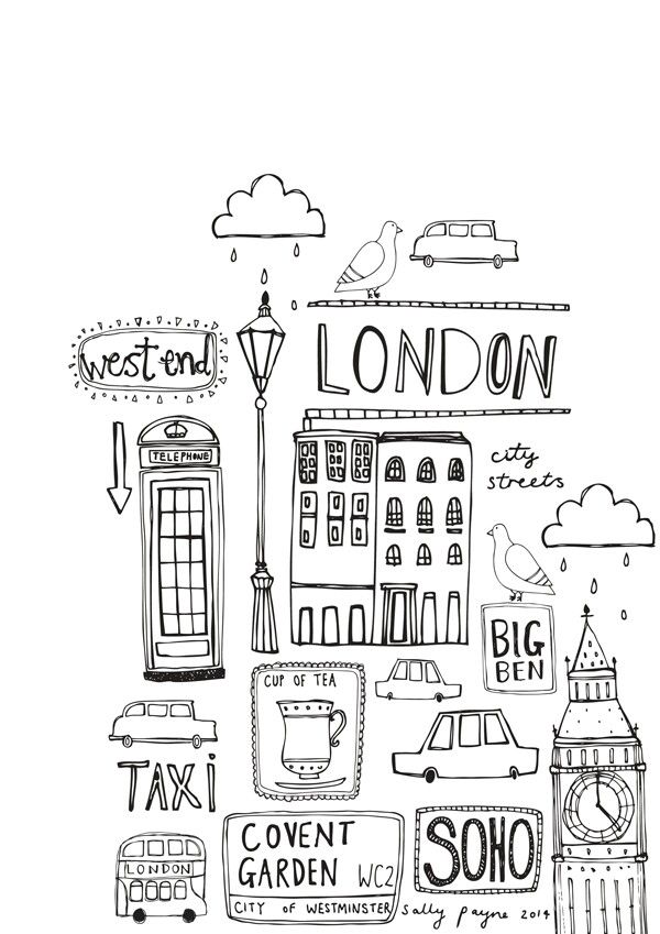 a black and white drawing of london