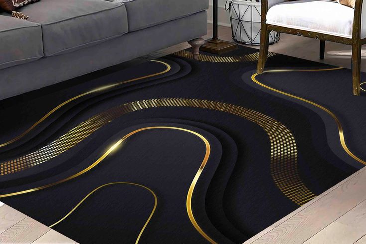 a living room with black carpet and gold lines on the floor, in front of a gray couch