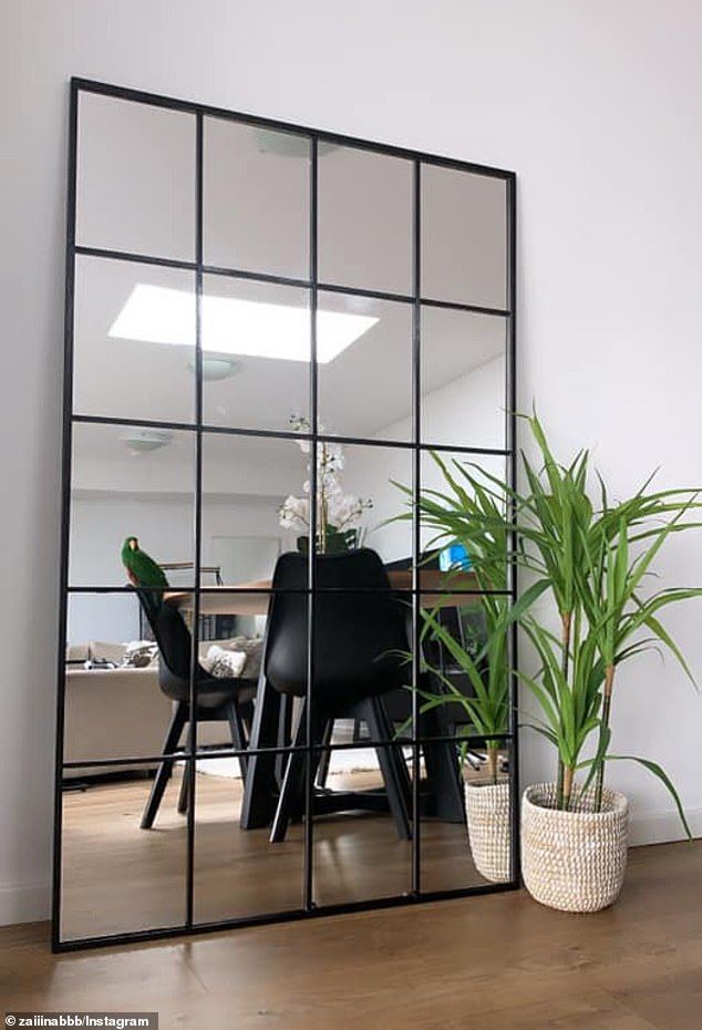 a large mirror sitting on top of a wooden floor next to a potted plant