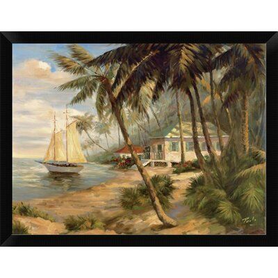 a painting with palm trees and a sailboat on the water in front of a house