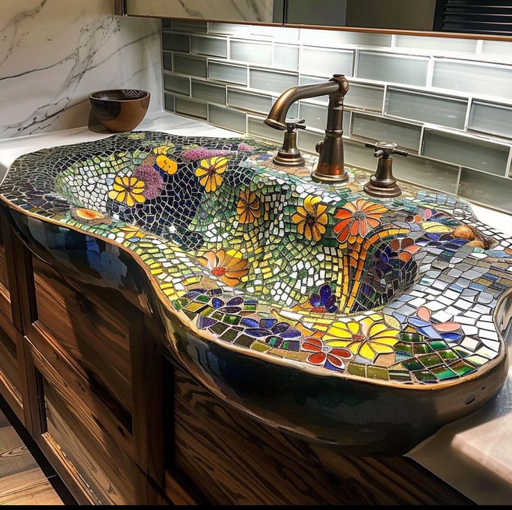 a bathroom sink with a mosaic design on the top and bottom, surrounded by marble counter tops