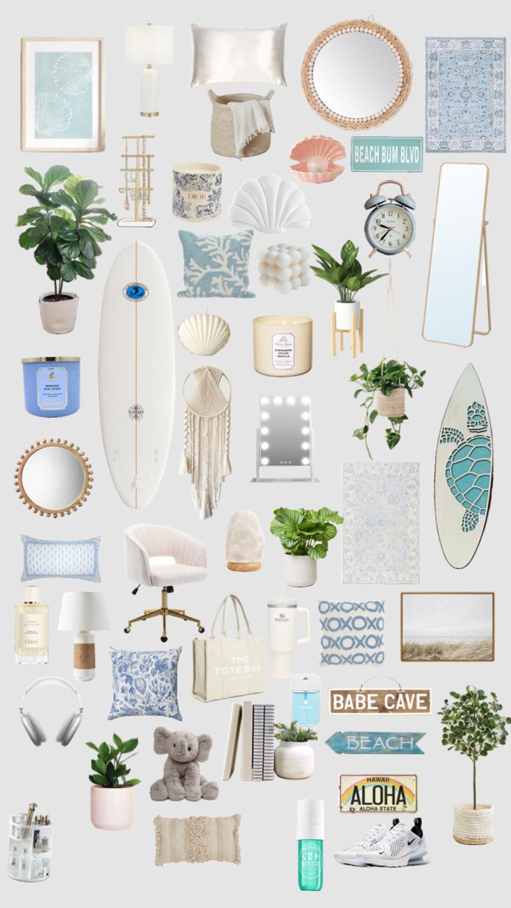 a collage of various items that include surfboards, plants and other things