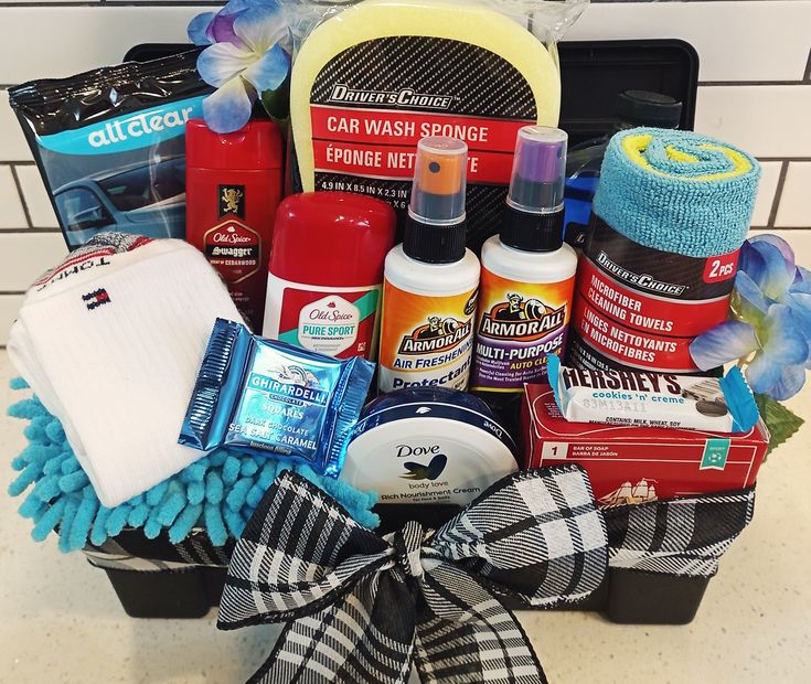 a gift basket filled with personal care items