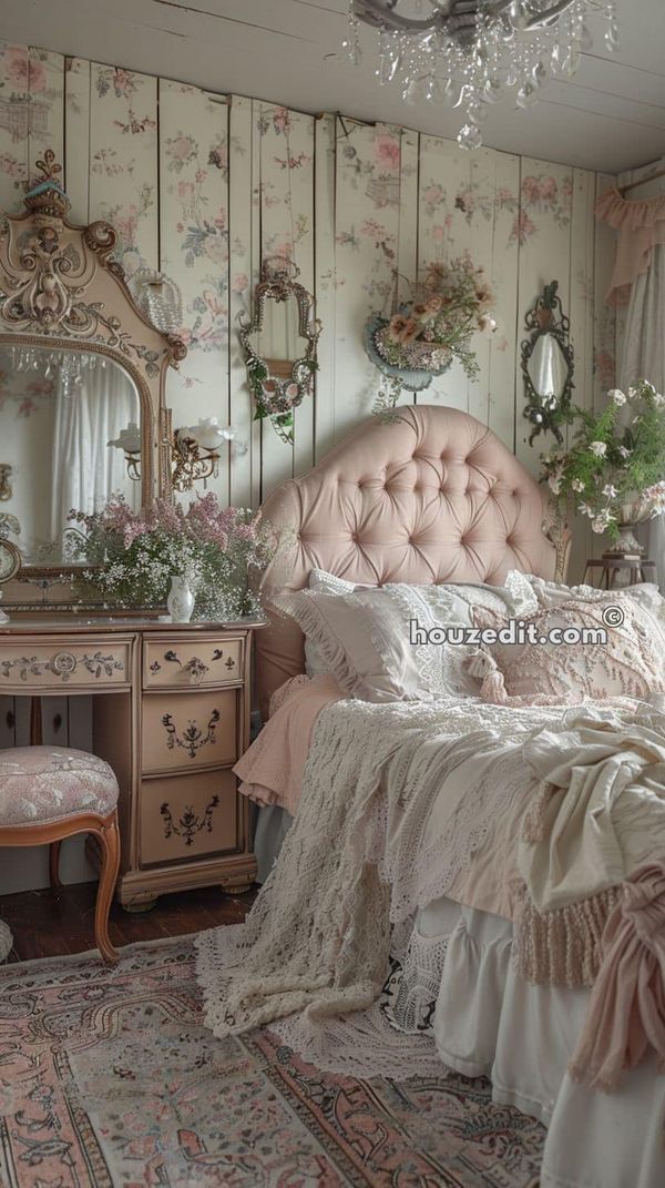 a bedroom decorated in pink and white with flowers on the wall behind the bed, chandelier and mirror