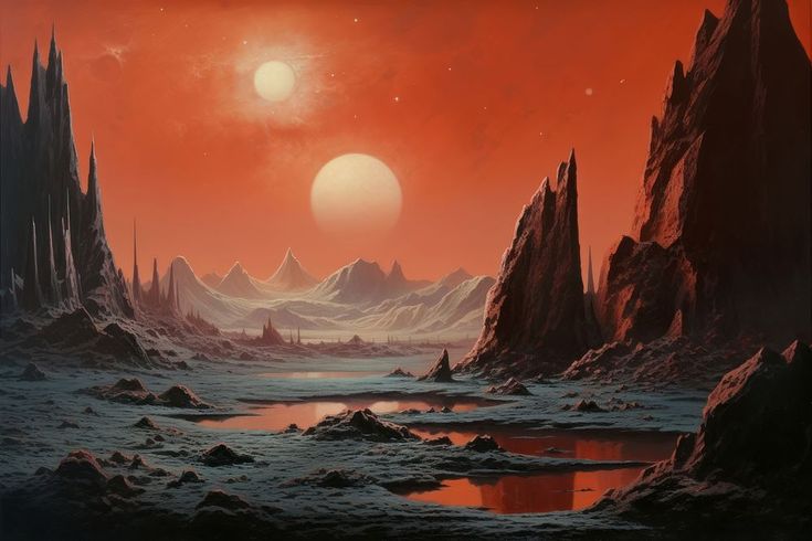 an alien landscape with mountains, rocks and water in the foreground is a bright orange sky