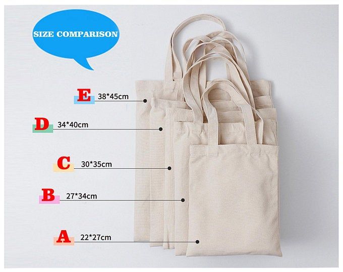 three canvas bags with measurements for each bag and the size comparison between them on a white background