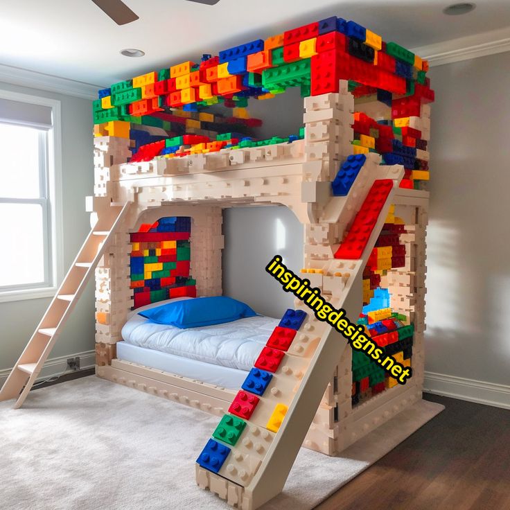 a child's bed made out of legos with a ladder to the top