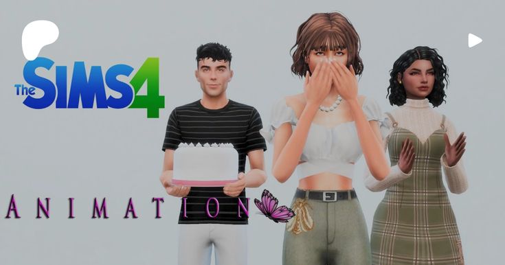 three animated people standing next to each other in front of a sign that says the sims 4 animation