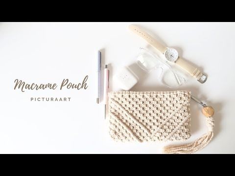 a crocheted purse next to a pen and scissors on a white surface with the words, macrame punch picturaart