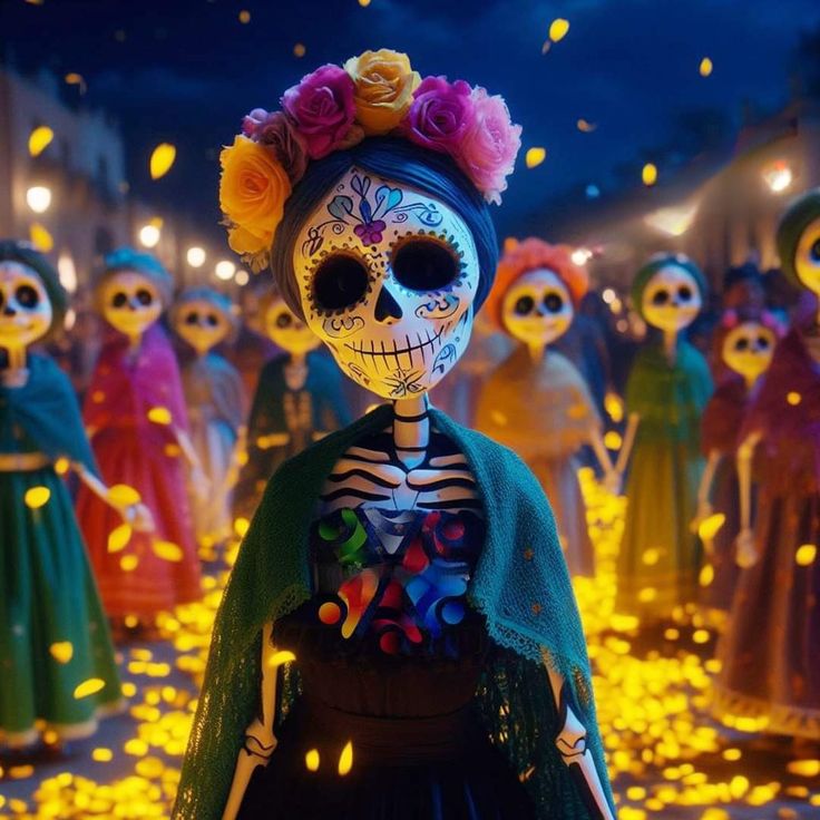 a group of skeletons with flowers on their head and in colorful dresses, standing next to each other