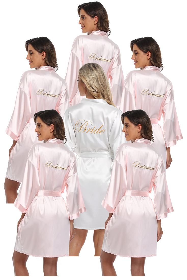 PRICES MAY VARY. 【SUPER SOFT AND LIGHTWEIGHT FABRIC】: These wedding Bride and Bridesmaid robes are made of Soft, Comfortable and Luxurious Fabric. 【DESIGN】: Solid Color, Half sleeve, With elegant Embroidery letters "Bride" "Bridesmaid" and "Maid of Honor" words on back. 【SIZE】: One Size fits the body type of most people. Length: 36.8inch; Bust: 50.4inch; Shoulder Width: 24inch; Sleeve Length: 13inch 【OCCASIONS】:These short satin kimono robe are perfect for wedding day party, getting ready, brida Bride Kimono, Bridesmaids Getting Ready, Wedding Party Robes, Wedding Sleepwear, Bridesmaid Kimono, Bridal Shower Gifts For Bride, Bridal Nightgown, Bridal Kimono, Bride Lingerie