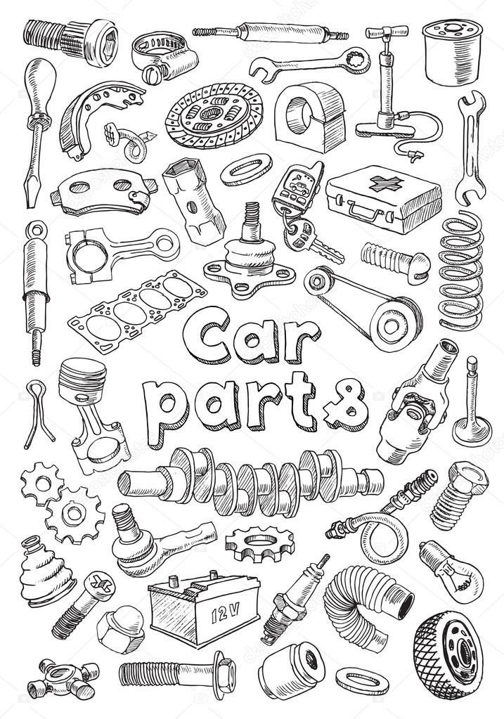 an image of car parts drawn in black and white