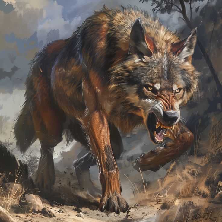 a painting of a wolf running through the woods with its mouth open and teeth out