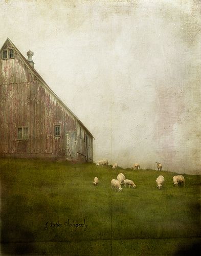 a painting of sheep grazing in front of a barn