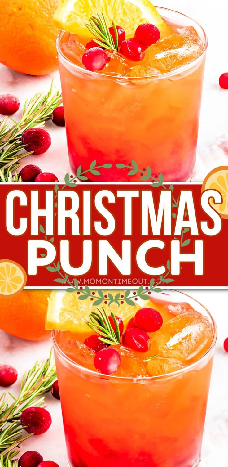 two glasses filled with christmas punch and garnished with cranberries, oranges and rosemary